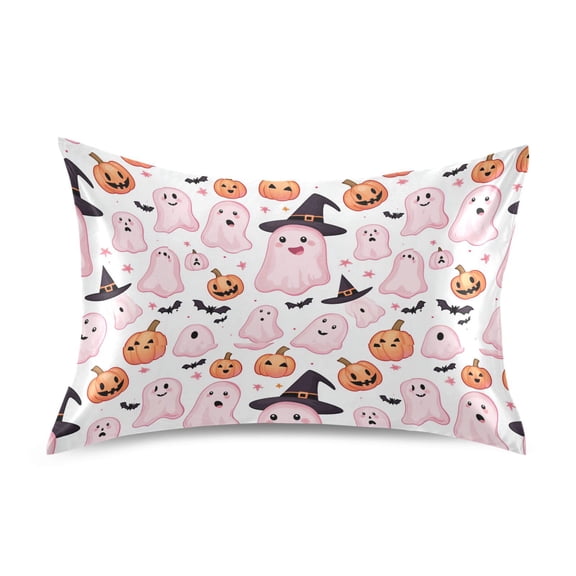 Satin Pillow Case Standard Silk Pillow Cover for Hair and Skin Envelope Closure Cute Pink Ghost Pumpkin Bats 20"x26"