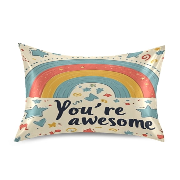 Satin Pillow Case Standard Silk Pillow Cover for Hair and Skin Envelope Closure Cute Rainbow with Stars and Hearts 20"x26"