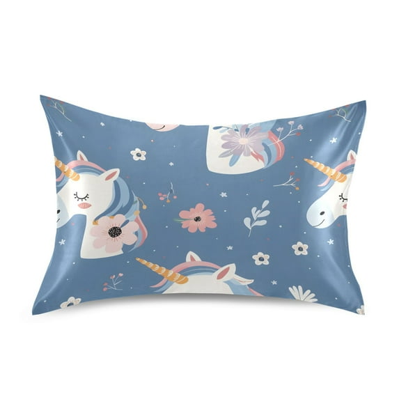Satin Pillow Case Standard Silk Pillow Cover for Hair and Skin Envelope Closure Cute Unicorn Head and Flowers 20"x26"