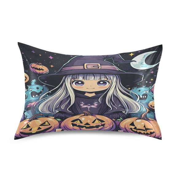 Satin Pillow Case Standard Silk Pillow Cover for Hair and Skin Envelope Closure Cute Witch Pumpkins Moon 20"x26"