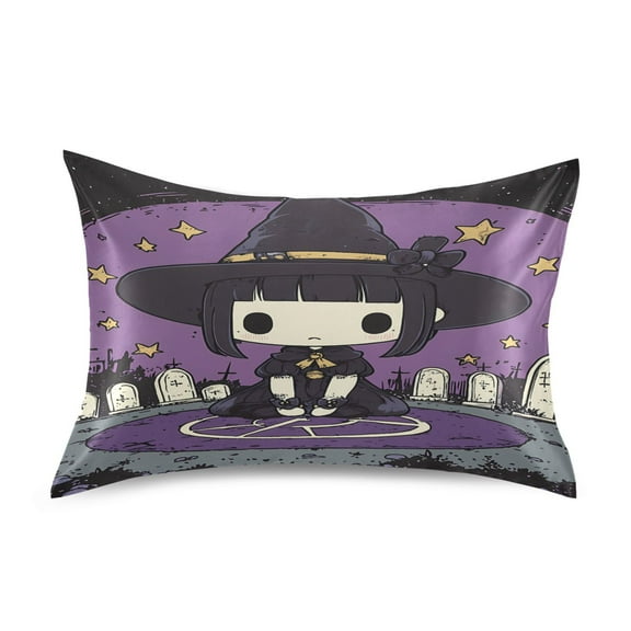 Satin Pillow Case Standard Silk Pillow Cover for Hair and Skin Envelope Closure Cute Witch Tombstones Star 20"x26"