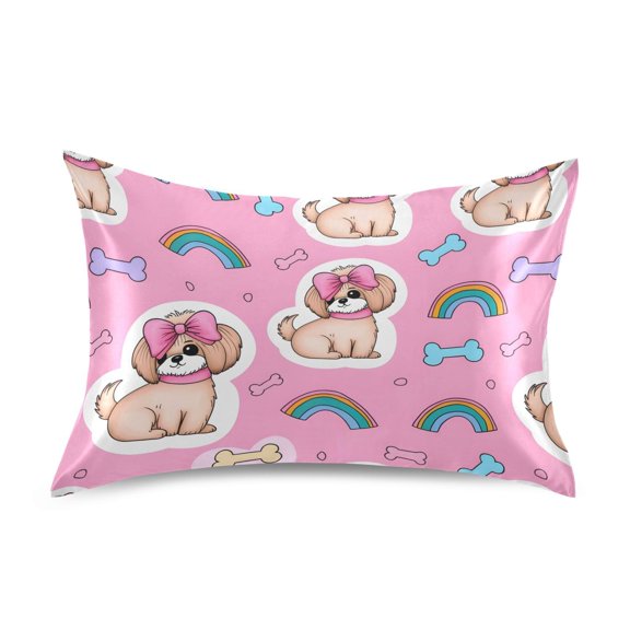 Satin Pillow Case Standard Silk Pillow Cover for Hair and Skin Envelope Closure Dog with Bow and Bone 20"x26"