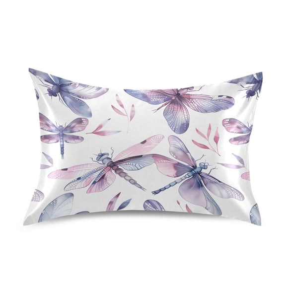 Satin Pillow Case Standard Silk Pillow Cover for Hair and Skin Envelope Closure Dragonflies and Leaf 20"x26"