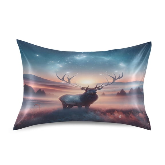 Satin Pillow Case Standard Silk Pillow Cover for Hair and Skin Envelope Closure Elk under Night Sky 20"x26"
