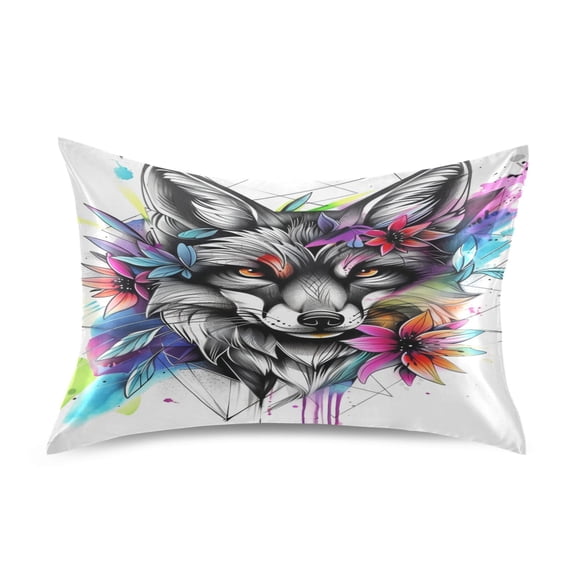 Satin Pillow Case Standard Silk Pillow Cover for Hair and Skin Envelope Closure Fox Head with Flower 20"x26"