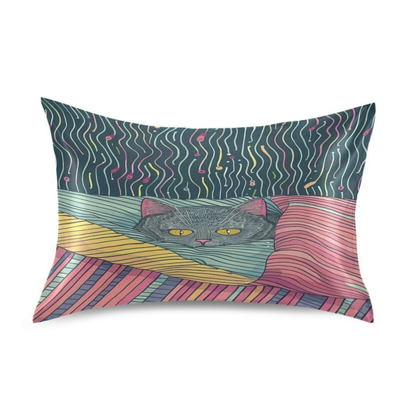 Satin Pillow Case Standard Silk Pillow Cover for Hair and Skin Envelope Closure Gray Cat Hiding under Blanket 20"x26"