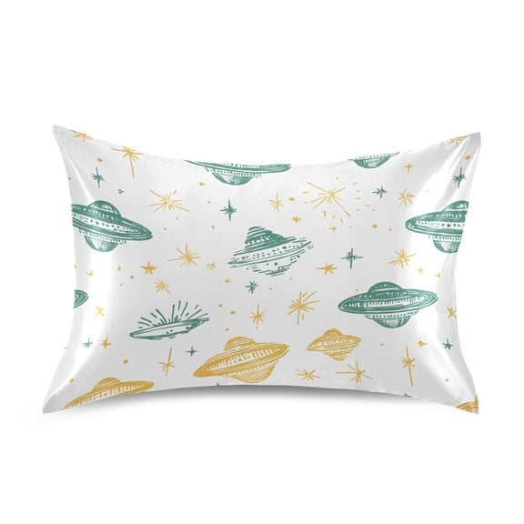 Satin Pillow Case Standard Silk Pillow Cover for Hair and Skin Envelope Closure Green Yellow Ufo 20"x26"