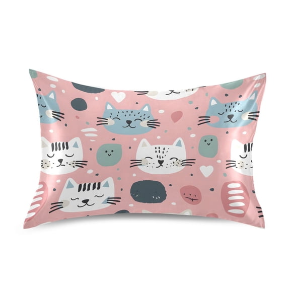 Satin Pillow Case Standard Silk Pillow Cover for Hair and Skin Envelope Closure Hand Drawn Cute Cat 20"x26"