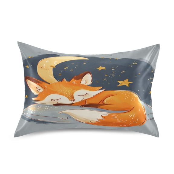 Satin Pillow Case Standard Silk Pillow Cover for Hair and Skin Envelope Closure Lovely Sleep Fox with Moon 20"x26"