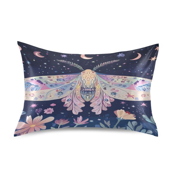 Satin Pillow Case Standard Silk Pillow Cover for Hair and Skin Envelope Closure Moth Moon Flower 20"x26"