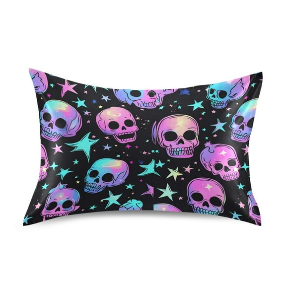Satin Pillow Case Standard Silk Pillow Cover for Hair and Skin Envelope Closure Neon Skulls and Stars 20"x26"