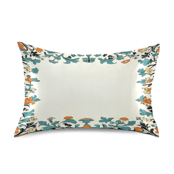 Satin Pillow Case Standard Silk Pillow Cover for Hair and Skin Envelope Closure Orange and Teal Floral Frame 20"x26"