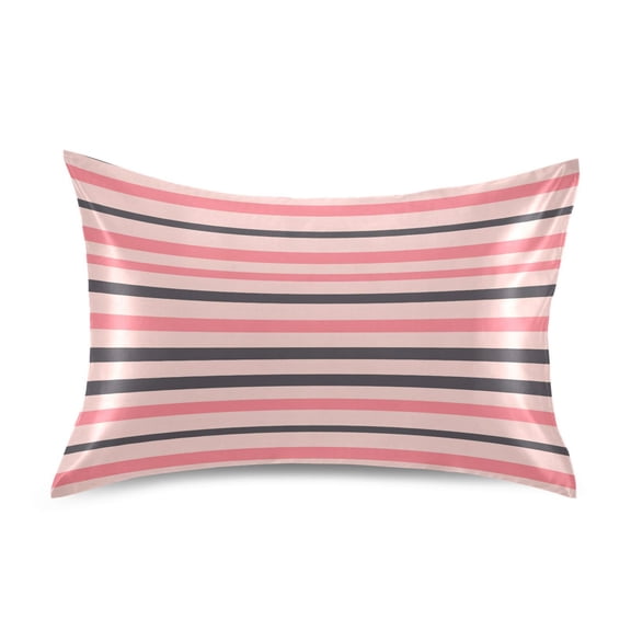Satin Pillow Case Standard Silk Pillow Cover for Hair and Skin Envelope Closure Pink Black Striped 20"x26"