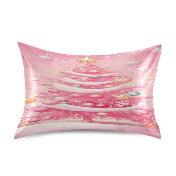 Satin Pillow Case Standard Silk Pillow Cover for Hair and Skin Envelope Closure Pink Christmas Tree 20"x26"