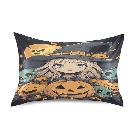 Satin Pillow Case Standard Silk Pillow Cover for Hair and Skin Envelope Closure Pumpkins Surround Cute Witch 20"x26"