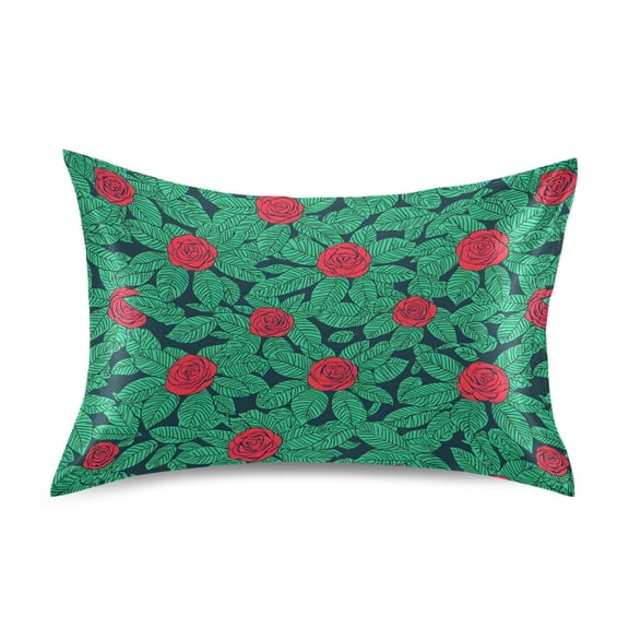 Satin Pillow Case Standard Silk Pillow Cover for Hair and Skin Envelope Closure Red Roses and Green Leaves 20"x26"