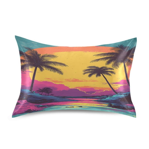 Satin Pillow Case Standard Silk Pillow Cover for Hair and Skin Envelope Closure Retro Palm Trees and Sunset 20"x26"