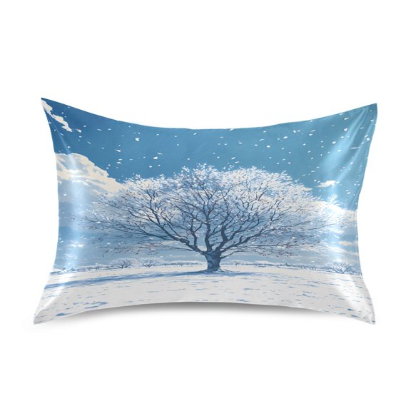 Satin Pillow Case Standard Silk Pillow Cover for Hair and Skin Envelope Closure Snow-covered Tree in Winter 20"x26"