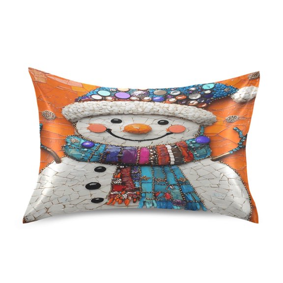 Satin Pillow Case Standard Silk Pillow Cover for Hair and Skin Envelope Closure Snowmen with Colorful Sequins Hat 20"x26"