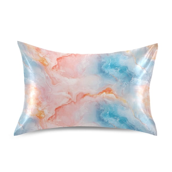 Satin Pillow Case Standard Silk Pillow Cover for Hair and Skin Envelope Closure Soft Blue Pink Marble 20"x26"