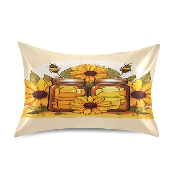 Satin Pillow Case Standard Silk Pillow Cover for Hair and Skin Envelope Closure Sunflowers Honey Jars Bee 20"x26"