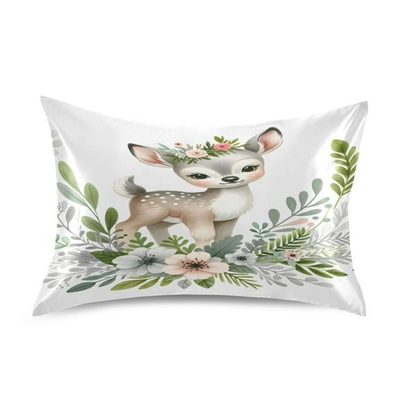 Satin Pillow Case Standard Silk Pillow Cover for Hair and Skin Envelope Closure Watercolor Deer with Bouquet 20"x26"