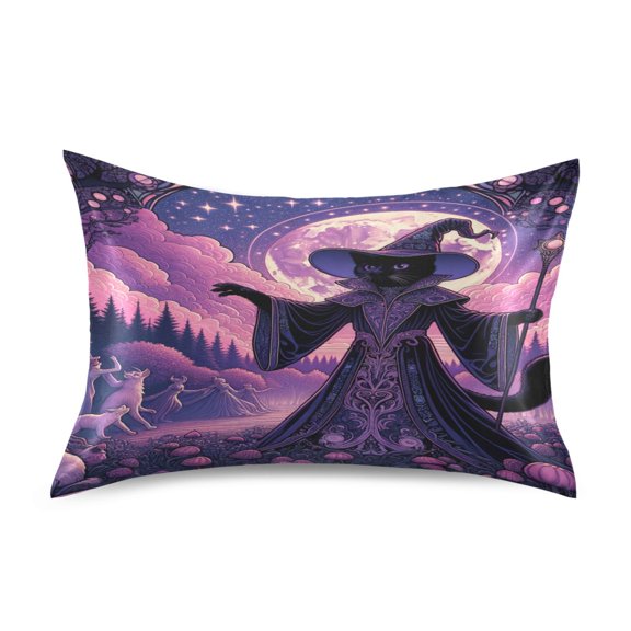 Satin Pillow Case Standard Silk Pillow Cover for Hair and Skin Envelope Closure Wizard Cat with Moon 20"x26"