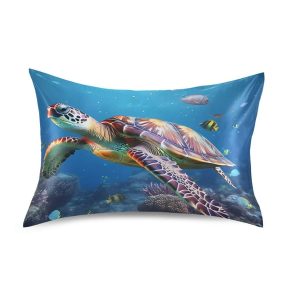 Satin Pillow Case Turtle Ocean Fish Standard Silk Pillow Cover for Hair and Skin Envelope Closure 20"x26"