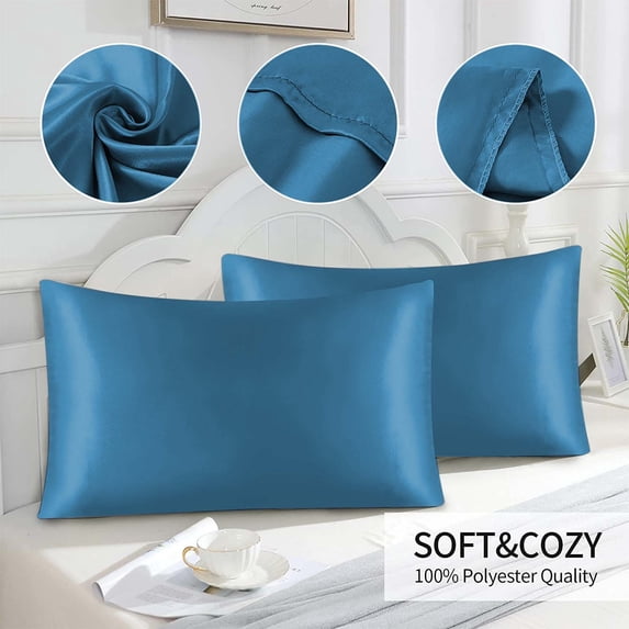 Satin Pillow Cases 2 Pack,Silk Pillow Cases,Standard Size for Hair & Skin,Wrinkle-Free,Cooling Pillow Case for Hot Sleepers,Envelope Closure,Soft Breathable(Blue 2pcs 30*20in)from QiwagFerng