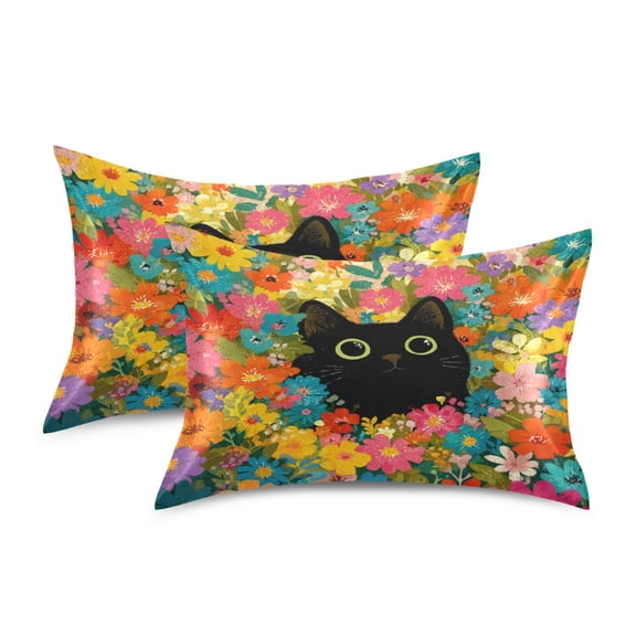 Satin Pillowcase Envelope Closure Pillow Cover Wrinkle-Resistant & Vibrant Print Black Cat Among Colorful Flowers