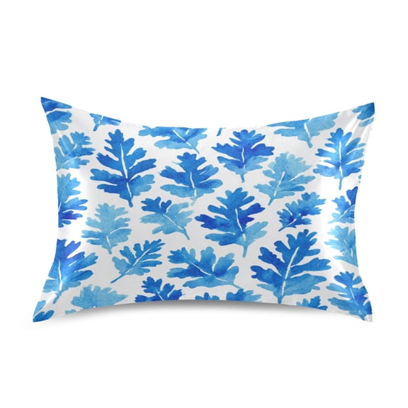 Satin Pillowcase Envelope Closure Pillow Cover Wrinkle-Resistant & Vibrant Print Blue Oak Leaf Pattern