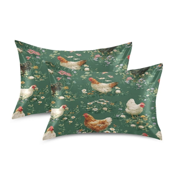 Satin Pillowcase Envelope Closure Pillow Cover Wrinkle-Resistant & Vibrant Print Chickens and Flowers Pattern