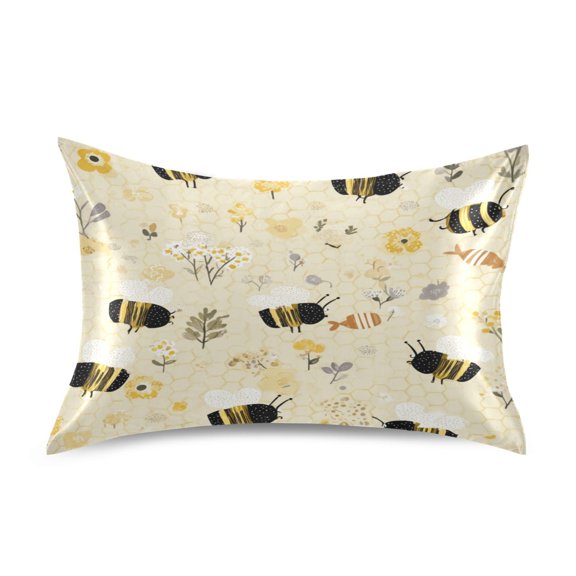 Satin Pillowcase Envelope Closure Pillow Cover Wrinkle-Resistant & Vibrant Print Cute Bees and Honeycomb Pattern