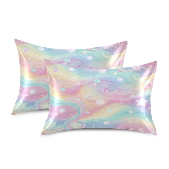 Satin Pillowcase Envelope Closure Pillow Cover Wrinkle-Resistant & Vibrant Print Cute Pastel Rainbow Background