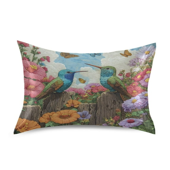 Satin Pillowcase Envelope Closure Pillow Cover Wrinkle-Resistant & Vibrant Print Hummingbirds and Flowers