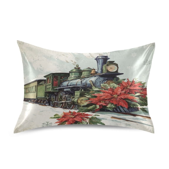 Satin Pillowcase Envelope Closure Pillow Cover Wrinkle-Resistant & Vibrant Print Old Train with Flowers