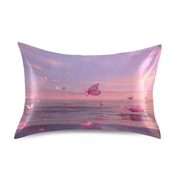 Satin Pillowcase Envelope Closure Pillow Cover Wrinkle-Resistant & Vibrant Print Pink Butterflies Flying