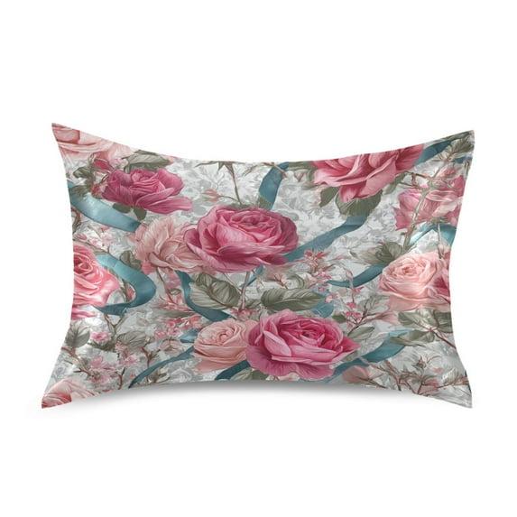 Satin Pillowcase Envelope Closure Pillow Cover Wrinkle-Resistant & Vibrant Print Roses and Ribbons