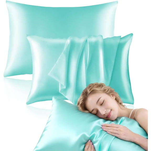 Satin Pillowcase for Hair and Skin, 2 Pack Soft Silky Pillow, Cooling and Wrinkle Resistant, Available in Standard/Queen/King Sizes, 6 Colors (Mint Blue, Standard)