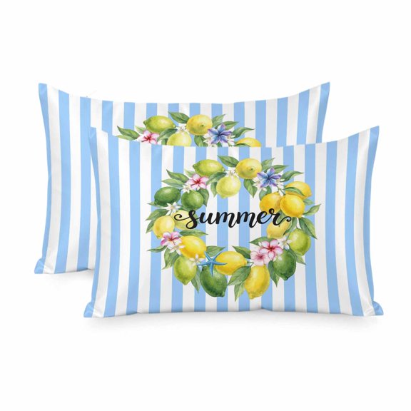 Satin Pillowcase for Hair and Skin King Size 2 Pack Lemon Wreath Satin Pillow Case Soft Breathable Cool Silk Summer Fruit Blue Stripes Pillowcases with Hidden Zipper Throw Pillow Covers 20x36 Inch