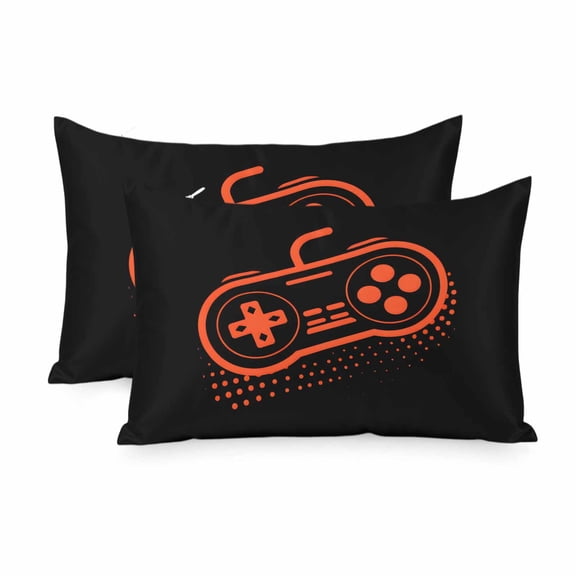 Satin Pillowcase for Hair and Skin King Size 2 Pack Video Games Controller Satin Pillow Case Soft Cool Silk Black Orange Gaming Console Pillowcases with Hidden Zipper Throw Pillow Covers 20x36 Inch