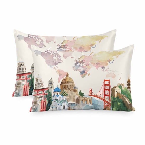 Satin Pillowcase for Hair and Skin King Size 2 Pack World Map Satin Pillow Case Soft Breathable Cool Silk Famous Building Tourism Bridge Pillowcases with Hidden Zipper Throw Pillow Covers 20x36 Inch