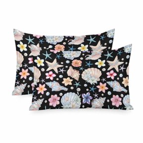 Satin Pillowcase for Hair and Skin Queen Size 2 Pack Coastal Shell Conch Satin Pillow Case Soft Cool Silk Black Summer Ocean Starfish Pillowcases with Hidden Zipper Throw Pillow Covers 20x30 Inch