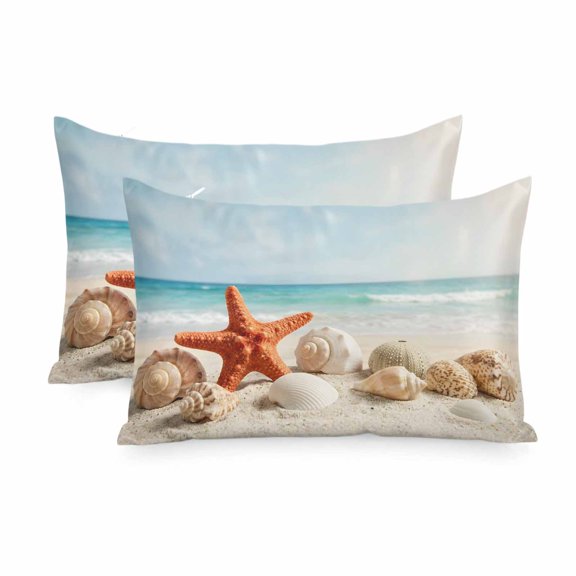 Satin Pillowcase for Hair and Skin Queen Size 2 Pack Coastal Starfish Shells Satin Pillow Case Soft Cool Silk Conch Blue Summer Beach Pillowcases with Hidden Zipper Throw Pillow Covers 20x30 Inch