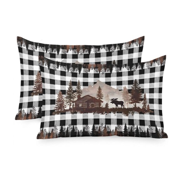 Satin Pillowcase for Hair and Skin Queen Size 2 Pack Forest Moose Satin Pillow Case Soft Cool Silk Cabin Animal Pine Tree Woodland Plaid Pillowcases with Hidden Zipper Throw Pillow Covers 20x30 Inch