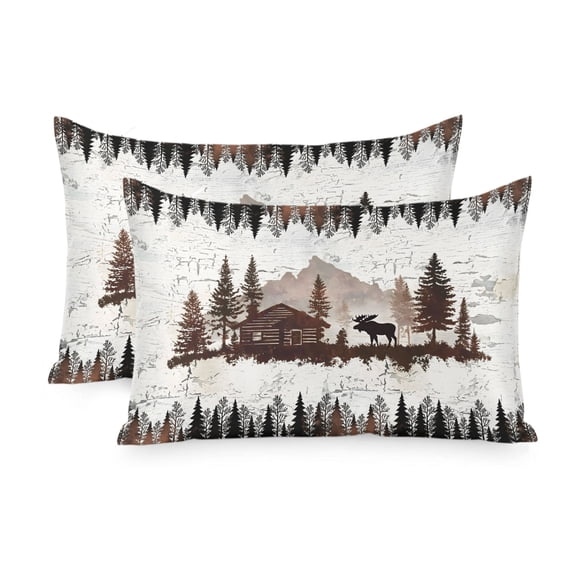 Satin Pillowcase for Hair and Skin Queen Size 2 Pack Forest Moose Satin Pillow Case Soft Cool Silk Log Cabin Animal Pine Tree Woodland Pillowcases with Hidden Zipper Throw Pillow Covers 20x30 Inch