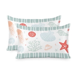 Satin Pillowcase for Hair and Skin Queen Size 2 Pack Light Green Stripes Shell Satin Pillow Case Soft Cool Silk Ocean Starfish Jellyfish Coral Pillowcases with Hidden Zipper Pillow Covers 20x30 Inch