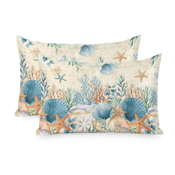 Satin Pillowcase for Hair and Skin Queen Size 2 Pack Ocean Coral Satin Pillow Case Soft Cool Silk Seagrass Starfish Conch Shell Retro Pillowcases with Hidden Zipper Throw Pillow Covers 20x30 Inch
