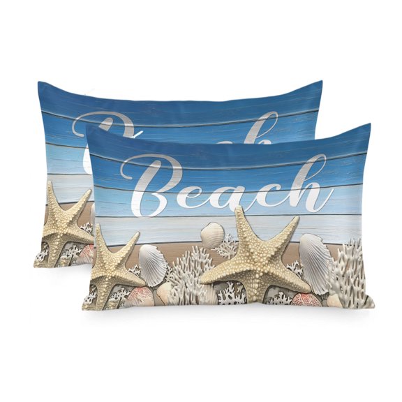Satin Pillowcase for Hair and Skin Queen Size 2 Pack Summer Beach Starfish Satin Pillow Case Soft Cool Silk Shell Coral Blue Wood Grain Pillowcases with Hidden Zipper Throw Pillow Covers 20x30 Inch