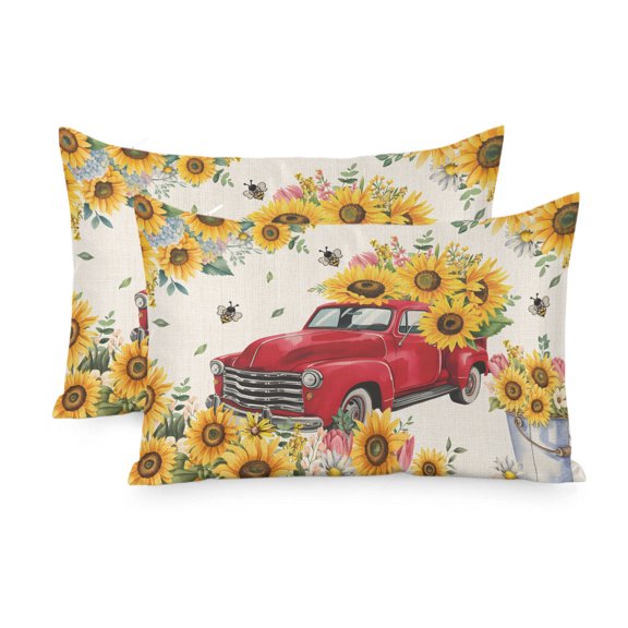 Satin Pillowcase for Hair and Skin Queen Size 2 Pack Sunflower Red Truck Satin Pillow Case Soft Cool Silk Farmhouse Bee Flowers Pillowcases with Hidden Zipper Throw Pillow Covers 20x30 Inch